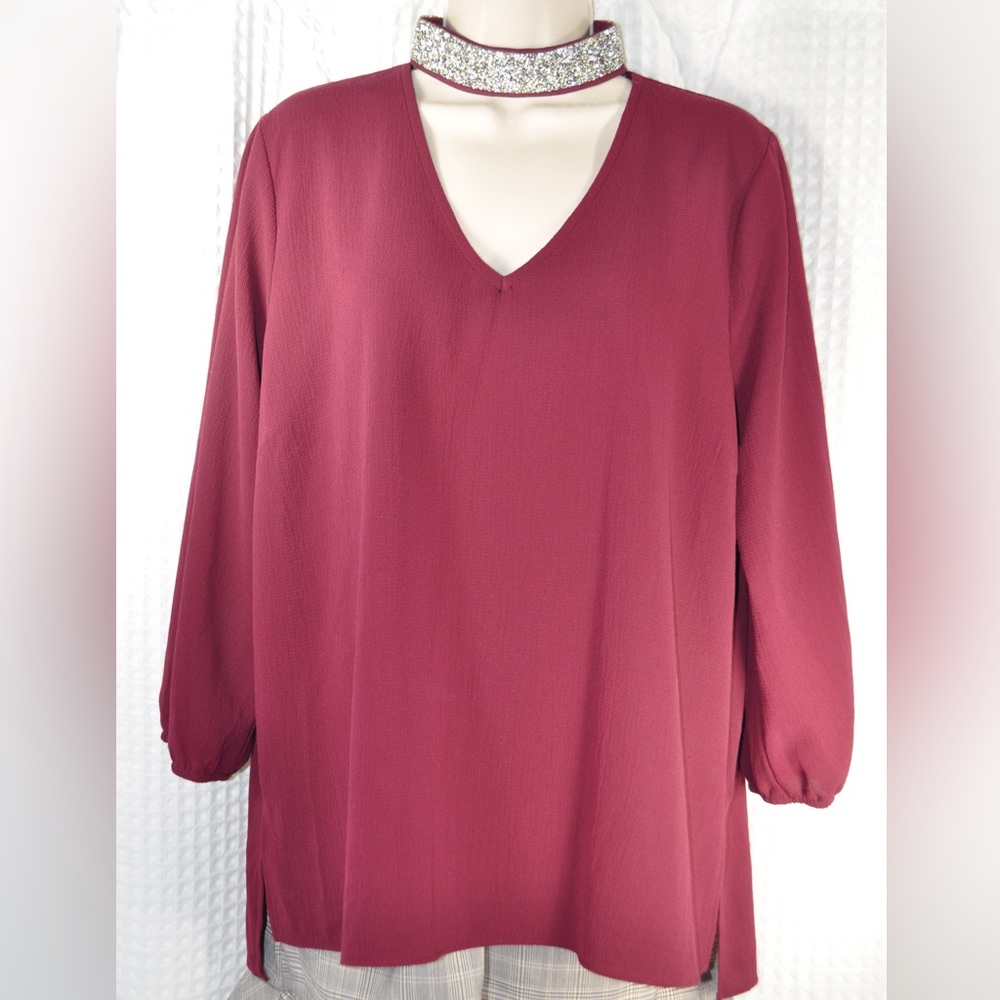 Moa Moa Garnet Loose Fit Blouse With Silver Glitter Neck Collar Women’s Size XL